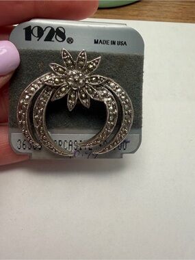 Art Deco 1990s Vintage Marcasite Ornate Crescent Brooch
